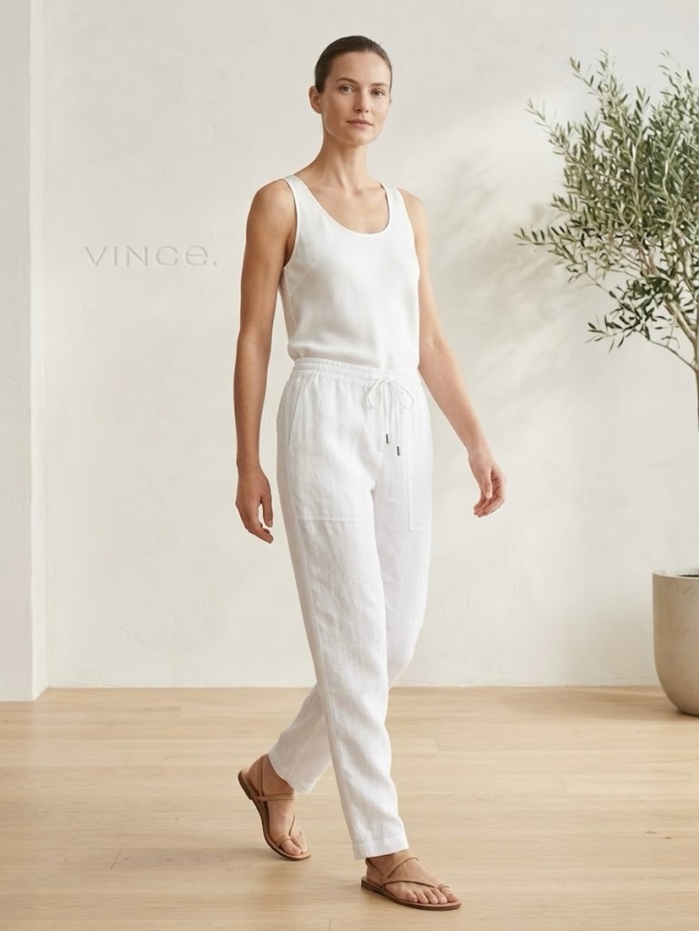 Vince Womens White 100% Linen Tapered Pants Drawstring Waist Coastal Grandmother